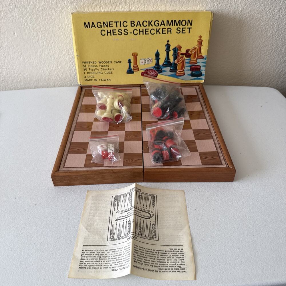Multi Game Set Travel Board Vintage Folding Magnetic Chess Checkers Backgammon